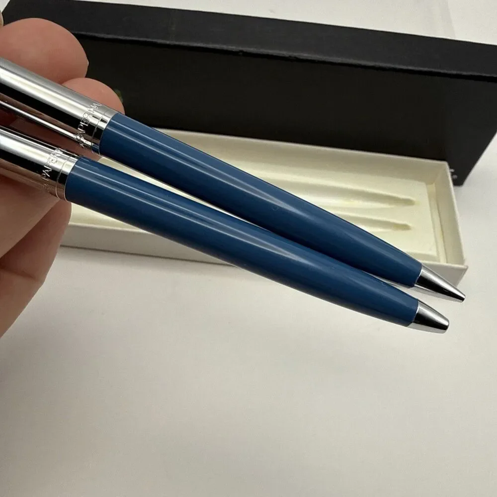 Vintage Paper Mate Ballpoint Pen & Mechanical Pencil Set Blue/ Chrome
